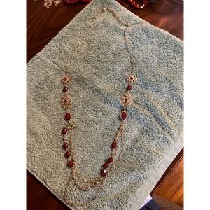 Gold Tone Burgundy Red Beaded Multi Strand Filigree Layered Statement Necklace